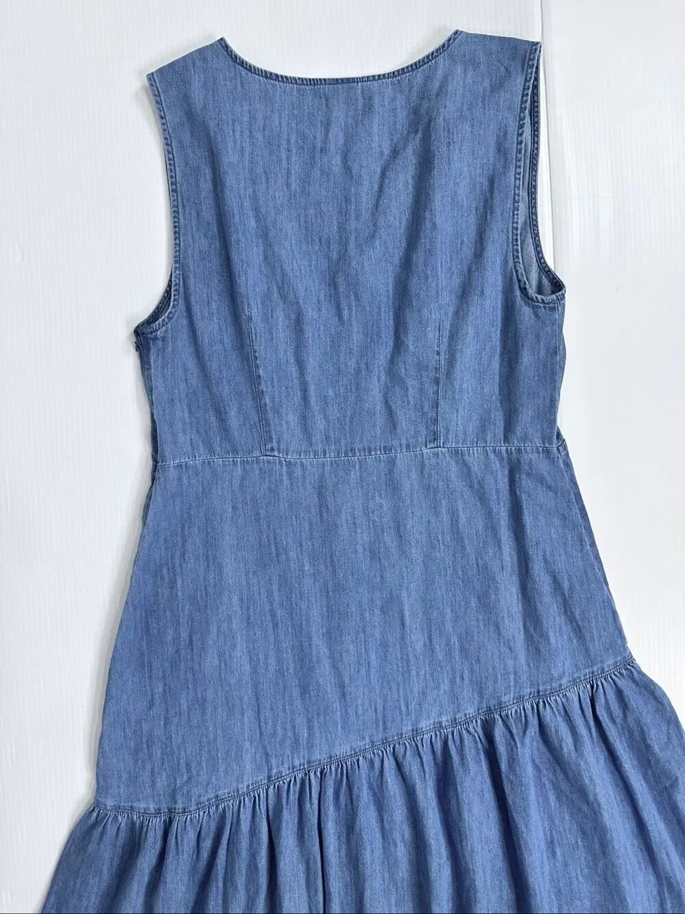 GAP NWT Chambray Denim Asymmetrical Midi Dress V-Neck Blue L Coastal Prairie - Picture 13 of 16